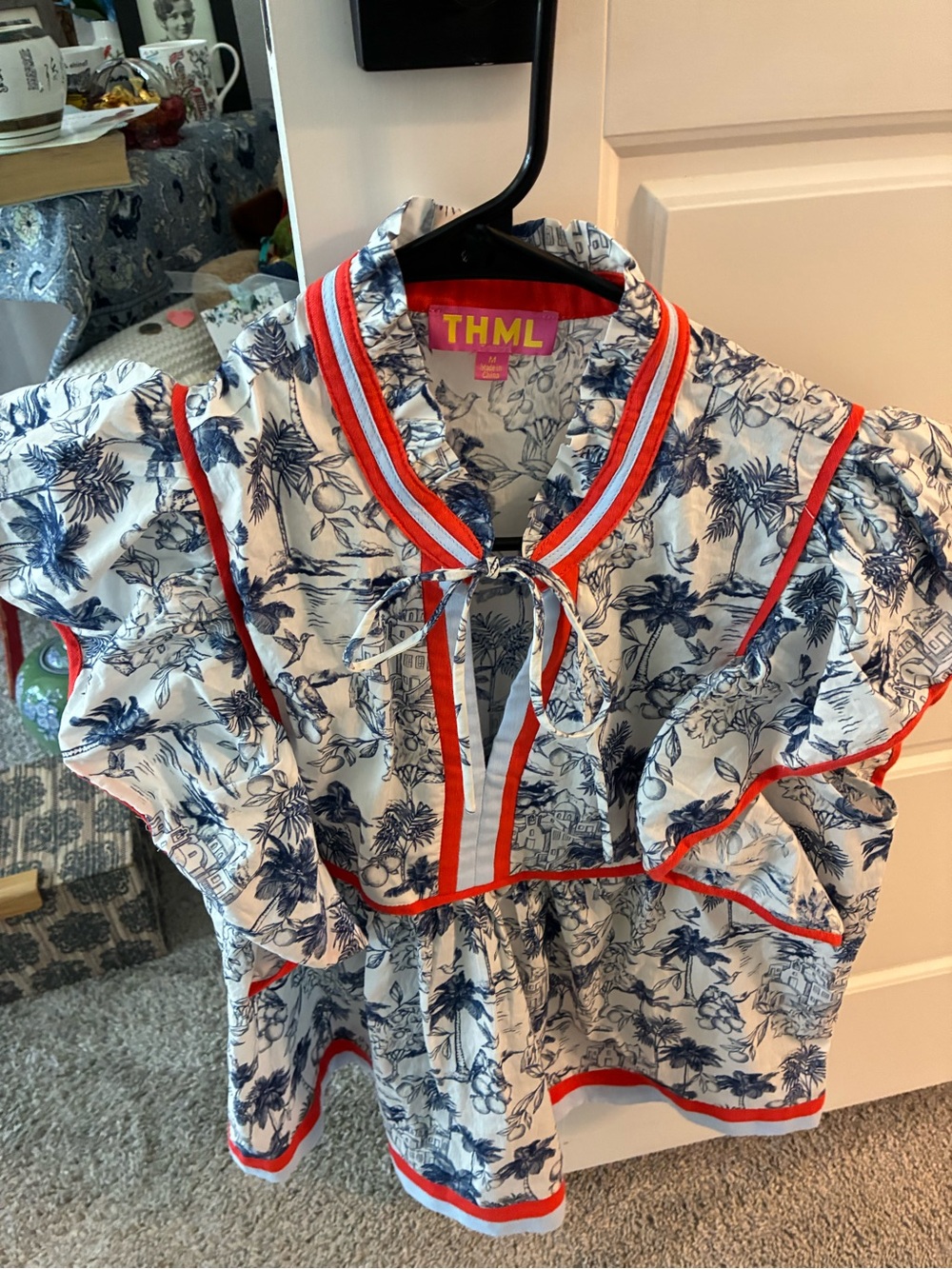 THML Women’s  White Floral Ruffle Top with Blue Print and Red Trim